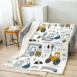 Loussiesd Auto Wohndecke Kinder Jugend Bau Decke 150x200cm Karikatur Bagger Kran Zugmaschine Dekor Kuscheldecke Mädchen Jugendliche Schlafzimmer Dekor LKW Traktor Flanell Fleecedecke Weiß Gelb