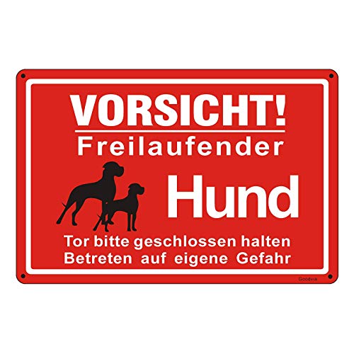 Goodvia Freilaufender Hund Schild Metall 20 * 30cm, Achtung Hunde Schild Vorsicht Freilaufender Hund Aluminium Reflektierendes Schilder Warnung vor Dem Hund, Innen und Außen Anwendbar