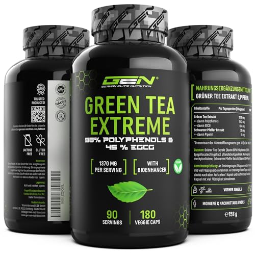 Green Tea Extreme - 180 Kapseln - 1370 mg Grüner Tee Extrakt pro Tagesdosis - 95% Polyphenole & 45% EGCG & Piperin - Laborgeprüfter Grüntee - Hochdosiert - Vegan - German Elite Nutrition