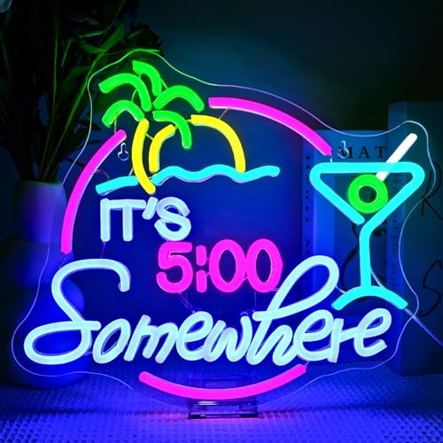 SIGNSHIP Anywhere at 5 o'clock Neon Schild, Palme Led Schild Drink Led Sign, Bier Bar Neon Licht USB Dimmbar Neonschild Geeignet für Barwagen,Strandrestaurant,Bier,Café,Taverne,Club,Party