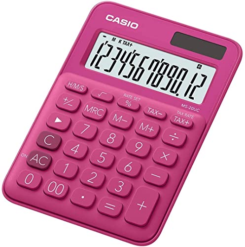 CASIO Tischrechner MS-20UC-RD, 12-stellig, in Trendfarben, Steuerberechnung, Zeitumrechnung, Solar-/Batteriebetrieb, 2.3 x 10.5 x 14.95 cm