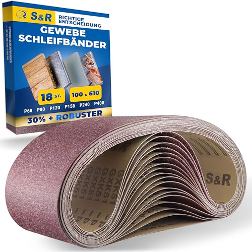 S&R Schleifband-Set 18 Stück 100 x 610 mm, je 3x P60/P80/P120/P150/P240/P400 für Bandschleifer, reißfestes Gewebe-Schleifpapier, Schleifgurt, Schleifriemen für Holz, Metall, Plastik, Entrostung