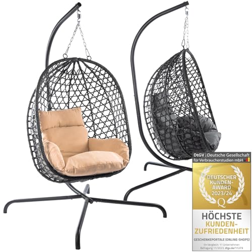 Hängesessel mit Gestell; Hängekorb Sessel; Schwebeliege Rattan Outdoor & Indoor Relax-Stuhl; Egg Schaukel ideal für Garten, Terasse, Kinderzimmer, Leseecke UVM. 120kg Tragkraft (Beige)