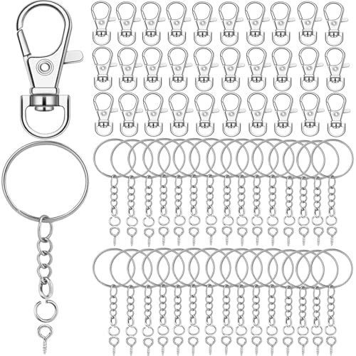 120 Stück Schlüsselanhänger Set mit 30 tück Schlüsselringe mit Kette,30 Stück schlüsselanhänger karabiner,30 tück Spaltringe und 30 Stück Schrauböse Pins für DIY Schlüssel Handwerk (Silber).