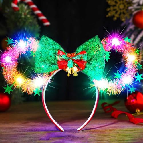 Zoestar Weihnachts-Stirnband mit LED-Maus-Ohren, Haarreifen, Weihnachtsschleife, Festival-Kostüm, Haarschmuck für Damen (grün-rot, Einheitsgröße)