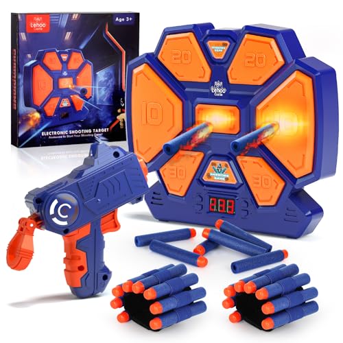 Lehoo Castle Nerf Zielscheibe, Elektronische Zielscheibe für Nerf Pistole, Digitale Zielscheibe mit Licht Sound Effekte, mit 1 Spielzeug Pistole, 20 Schaumstoff Munition, 2 Handgelenkbänder