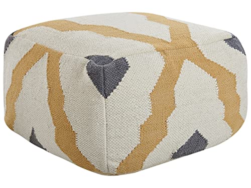 Handgestrickter Woll-Pouf in Beige Gelb und Grau Boho-Muster Zeugma