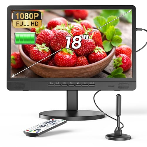 DESOBRY 18 Zoll tragbarer Fernseher mit Antenne, 6000mAh Akku Kleiner Fernseher mit Freeview, 12V Mini TV mit Ständer für Outdoor Camping, Schlafzimmer, Küche