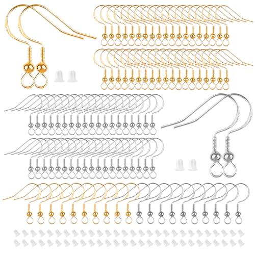 200 Stück Ohrring Haken Set, Ohrringe Selber Machen Set, 925 Sterling Silber Ohrhaken mit 100 Silikon Ohrring Stopper, Ohrringe Basteln - für DIY Ohrhänger Schmuckherstellun (Silber/Gold)