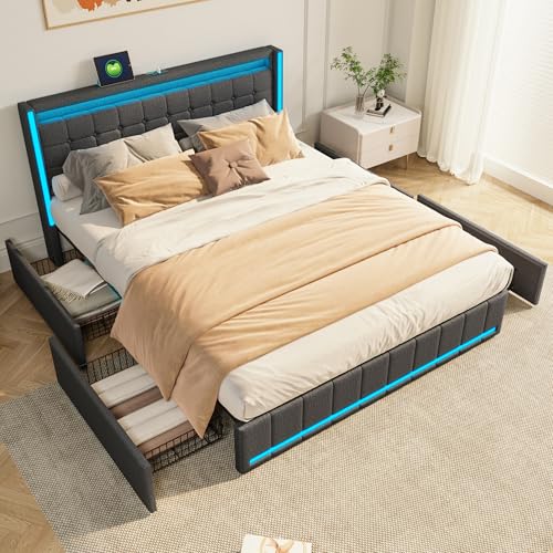 Polsterbett 140x200 cm mit LED und USB, Doppelbett Bettgestell mit 4 Schubladen, Gepolstertes Bett mit Kopfteil und Lattenrost, Stauraumbett Jugendbett, Leinen, Ohne Matratze (Grau, 140 x 200 cm)