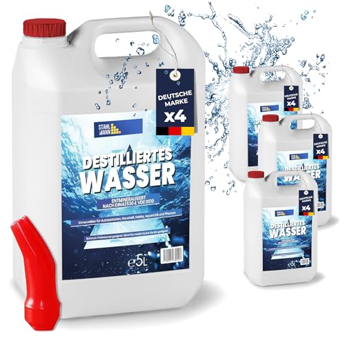 STAHLMANN® Destilliertes Wasser 4x5 L Kanister [Made IN Germany] - Destilliertes Wasser für Dampbügeleisen und vieles mehr – Destilliertes Wasser