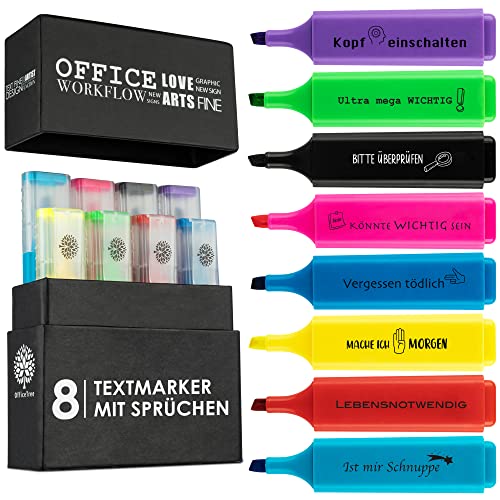 OfficeTree 8 Lustige Textmarker Set in Box - Nette Sprüche - Textmarker mit Sprüchen als Lustige Büroartikel für Studenten, Lehrer, Arbeitskollegen