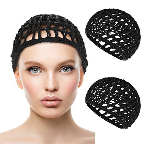 WLLHYF 2 STÜCKE Haarnetze Mütze Schlafen Haarnetz Snoods Wrap Bonnets Lange Gerade Locken Perücke Kopfschutz Schwarz Mesh Wrapping Häkelwelle Kochmützen Dutt Lift Strap Weben Nähen Für Frauen Ballett