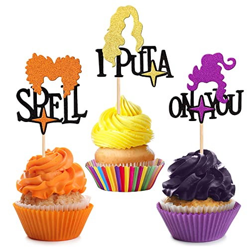 Cupcake-Aufsätze mit Glitzerstern, Hexenhaar, Motiv: Hokus-Pokus, mit Aufschrift "I Put A Spell On You", Halloween-Motiv, Babyparty, Kinder, Jungen, Mädchen, Geburtstag, Party, Kuchendekorationen,
