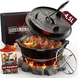 GUSSKÖNIG Dutch Oven Set [4,5L] - Eingebrannter Feuertopf mit praktischem Deckelheber und Edelstahl Untersetzer