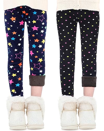 Domee Mädchen Leggings Gefüttert Thermoleggings Winter Warme Hosen 2er-Pack Sterne und Punkte 134-140 (Herstellergröße 140)