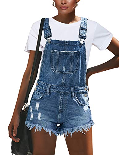 Roskiky Damen Jeanslatzhose mit Taschen Roher Saum Denim Overalls Hellblau Größe M