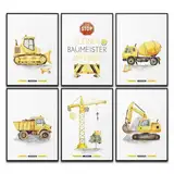 Kleiner Baumeister Poster Set Baufahrzeuge Sensorische Kinderzimmer Bilder Kran Mädchen & Jungen Kipplaster Bagger Bild Baustelle Babyzimmer Deko (Kleine Baumeister | Sensorisch Gelb, 6x DIN A4)