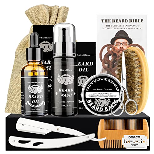 MXTIMWAN Bartpflege Set für Männer 10 Teilig, Geschenke Bart Set Herren mit Bartshampoo, Bartöl, Bartbalsam, Bartkamm, Bartbürste, Bartschere, Reisetasche, Rasiermesser mit 2 Wechselklinge, Anleitung