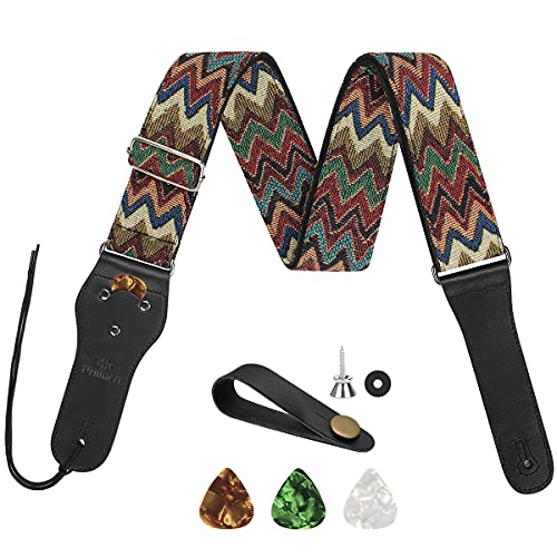 Philorn Gitarrengurt Verstellbarer Echtleder Enden Jacquard Weave Bassgurt für Akustik/Elektrik/Gitarren, Geschenk für Erwachsene & Kinder (Mehrfarbige Streifen)