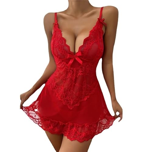 Satohom Damen Sexy Unterwäsche Perspektive Gestrickter Netzrock Nachtkleid mit G String Zweiteiliges Reizwäche Tiefer V-Ausschnitt Chemise Erotische Spitze Negligees Babydoll Einheitsgröße