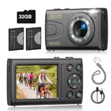 Digitalkamera 4K 64MP mit 32GB SD Karte, Autofokus 18X Digitalzoom Kompaktkamera für Reisen Familie YouTube Vlogging - Tragbare Kamera digital für Kinder, Jugendliche, Studenten, Anfänger (Schwarz)