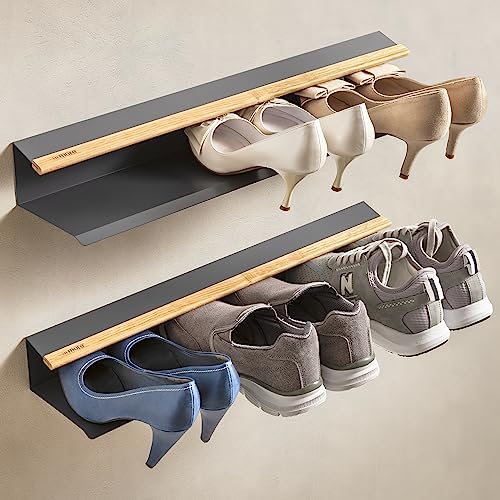 Schuhregal Armore modern, platzsparend, schlank, zum Aufhängen an der Wand, Eingang, Metall, Holz mit 1 Ablagefläche für bis zu 3 Paar Schuhe, robust, schmales offenes Regal (Schiefergrau x 2)