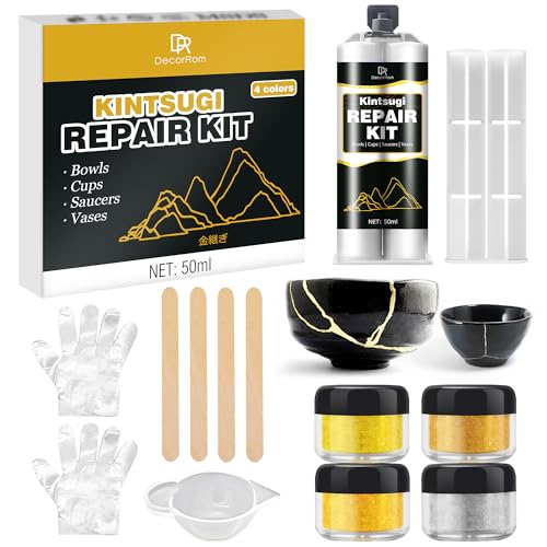 Kintsugi Reparatur Set - 50ml Goldkleber Kintsugi Set, Lebensmittelecht Keramik Reparaturset, Gold Porzellankleber zur Reparatur Zerbrochene Keramik, Glas, Porzellan, Skulpturen, Töpferwaren