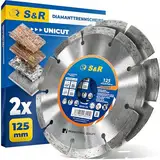 S&R Professional Diamanttrennscheibe 125 x 22,23 mm UNICUT, 2-tlg Set für Winkelschleifer, zum Trennen von Beton, Naturstein, Ziegel, Mauerwerk, Trockenschnitt, 10mm Segmenthöhe, lange Standzeit