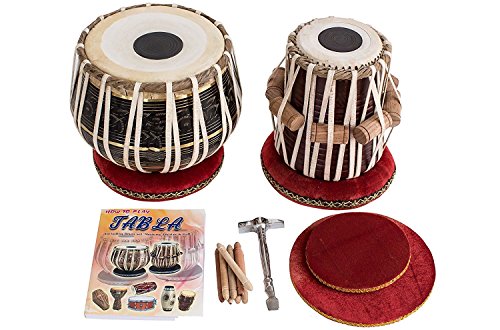 Indisches Maharaja Tabla-Trommel-Set, 3 kg, schwarzes Messing, Bayan, feinster Dayan mit Buch, Hammer, Kissen und Bezug