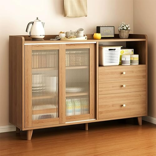 Esstisch mit Aufbewahrungsschrank, Küchenschrank mit 3 Schubladen, 2 Türen, Holz, 1 Ablagegitter, Kaffeebar, Buffet, Tisch, Konsole, Schranktür für Küche, Esszimmer (originale Holzfarbe) (39,3 x 14,1