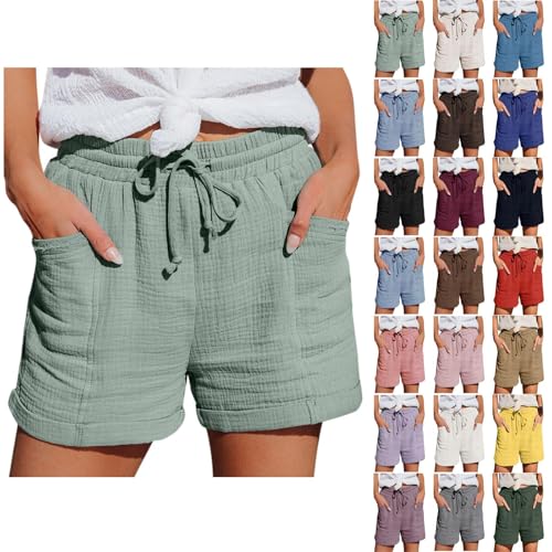 2025 Shorts Damen Sommer Musselin Leinen Kurze Hose Baggy Beach Shorts Mit Taschen Elastische Taille Stretchy Gerades Bein Bermuda Hose Kurze LäSsige Freizeit Short Mit Kordelzug Leinenhose