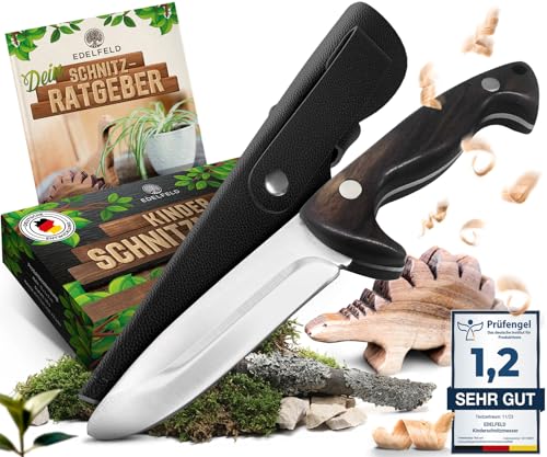 EDELFELD - Schnitzmesser Kinder ab 6 Jahre - Sicheres Taschenmesser Kinder mit Fingerschutz - Kinder Schnitzmesser für Links- & Rechtshänder - Kreatives Kinderschnitzmesser inkl. Scheide & Schnitzbuch