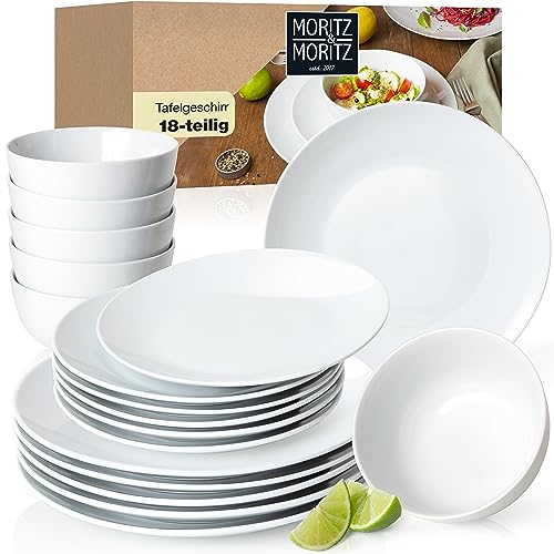 Moritz & Moritz BASIC 18-tlg. Geschirrset 6 Personen modern – aus hochwertigem Porzellan in klassischem Weiß – bestehend aus 6x Dinnerteller, 6x Dessertteller & 6x Schalen