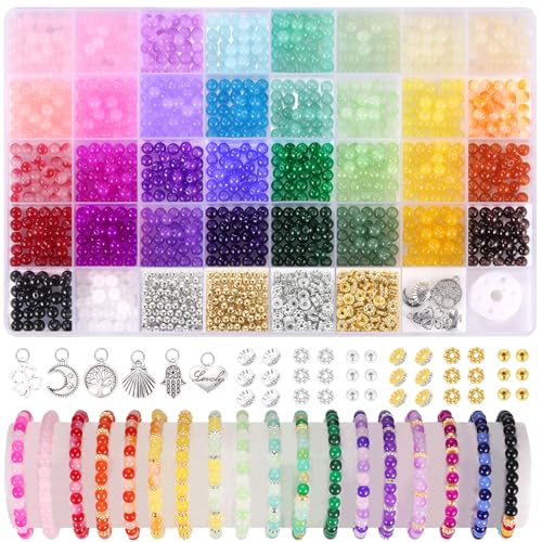 Funtopia 1400 Stück Glasperlen, 6mm 34 Farben Perlen für Armbänder, Perlen Set für Armband Basteln Schmuckherstellung, Perlen zum Auffädeln für Erwachsene Mädchen