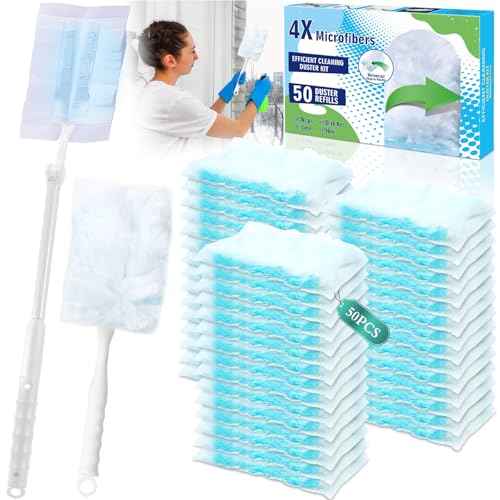 BBLTIFF 50 Stück Staubwedel, Staubmagnet Nachfüllpack Set mit 1 Griff und 1 Teleskopstange, Staubtuch Antistatisch, Staub Entferner, Staubmagnet Duster Zur Reinigung von Staub, Haaren