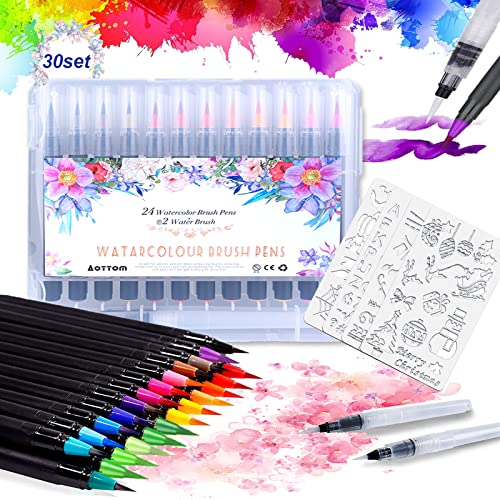 Aottom Pinselstifte Set 30St, 24 Brush Pen Wasserfarben+2 Aquarell Pinsel Marker Stifte+4 Schablonen Handlettering Stifte mit Flexiblen Nylonspitzen für Bullet Journal Kalligraphie WeihnachtenGeschenk