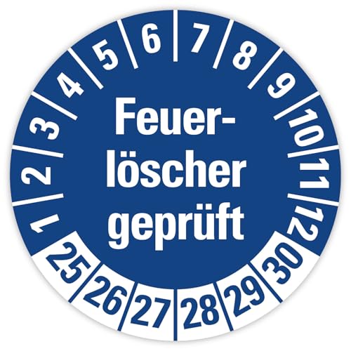 25x Prüfplaketten „Feuerlöscher geprüft 2025-2030" auf Bogen Folie, Blau | Ø 20-30 mm Made in Germany, Größe: Ø 30 mm