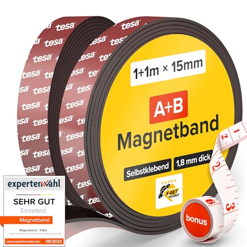 X-BET MAGNET Magnetic Tape A+B 1 Metre + 1 Metre x 1.5 cm - Self-Adhesive Magnetic Tape Roll with Ruler for Fly Screen & Mosquito Nets - Strong Adhesive