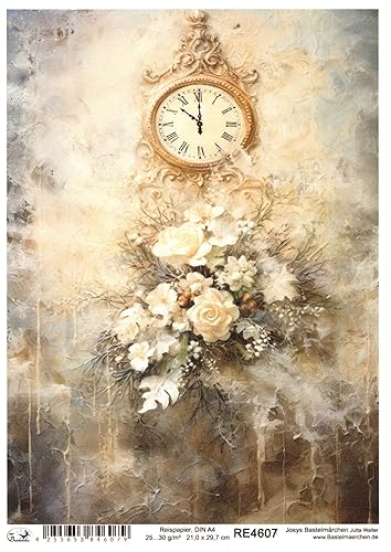 Josys Bastelmärchen Reispapier A4 Strohseide Decoupage Weihnachten Vintage Uhr Blumen RE4607