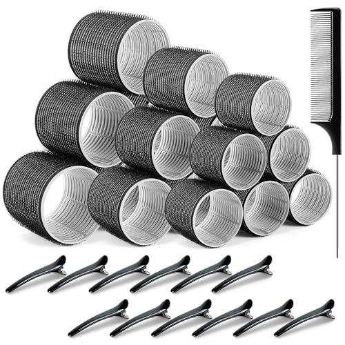 31 Stück schwarze Lockenwickler Set, 3 Größen 64mm 48mm 36mm, mit 12 Stück schwarzen Entenschnabel Clips und 1 Kamm, Locken ohne Hitze, selbstklebend Hair Rollers für langes, mittleres und kurzes Haar