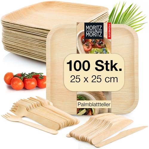 Moritz & Moritz Nachhaltiges Palmblatt Geschirrset für 100 Personen - 100 Teller Einweg 25 x 25 cm - 100 Holzbesteck Einweg - Alternative zu Bambusteller und Bambus Geschirrset