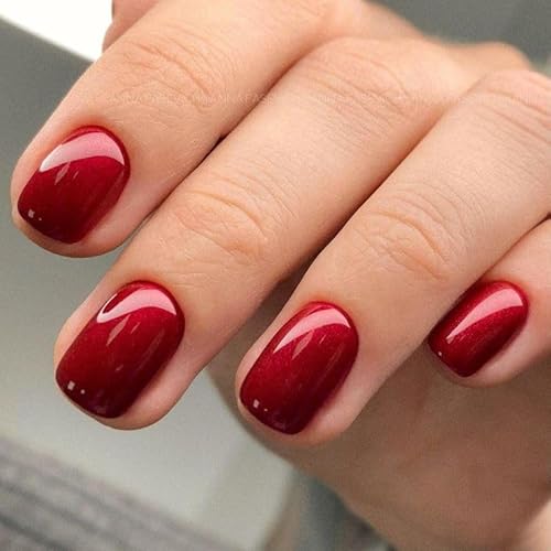 MouyouGlow Press on Nails Kurz,Squoval Burgundisch Rot Einfarbige Glossy Fake Nails Kunstnägel mit Nagelkleber,Wine Red Künstliche Fingernägel … …