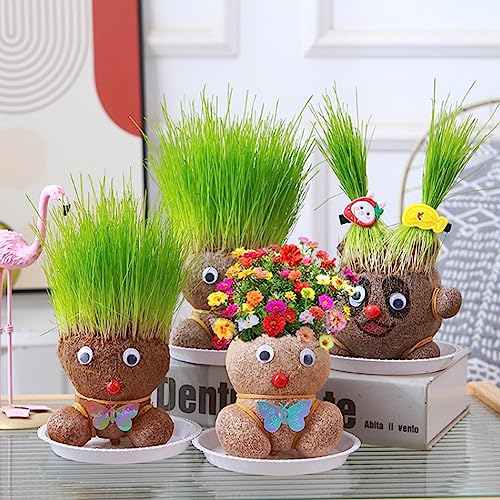 4pack Wachsende Gras Kopf Puppe Pflanze Puppe Kopf Pflanzer Bonsai Gras Kopf Pflanze wachsen Ihre eigenen haarigen für Desktop Zimmer Home Decorations(Random Color)