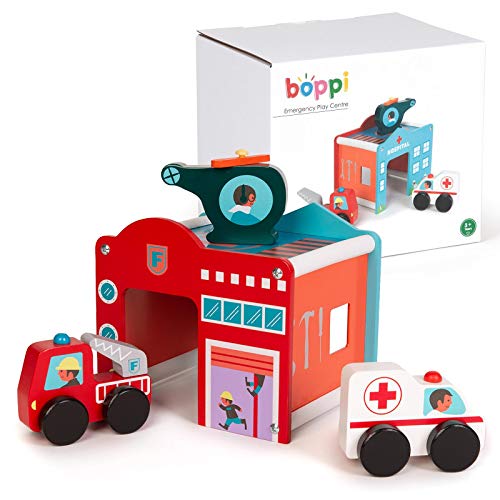 boppi Holzspielzeug Notfall Rettungszentrum Gebäude Spielset mit Krankenwagen Feuerwehrauto und Hubschrauber Spielen Zubehör Fahrzeuge 3 Jahre und aufwärts