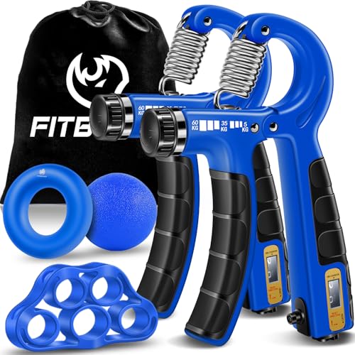 FitBeast Handtrainer Trainingsset (5-teilig), 2 Unterarmgriff Einstellbare Widerstand Handgreifer, Fingerdehner, Griffball & Stressabbau-Griffball für Athleten (Dunkelblau)