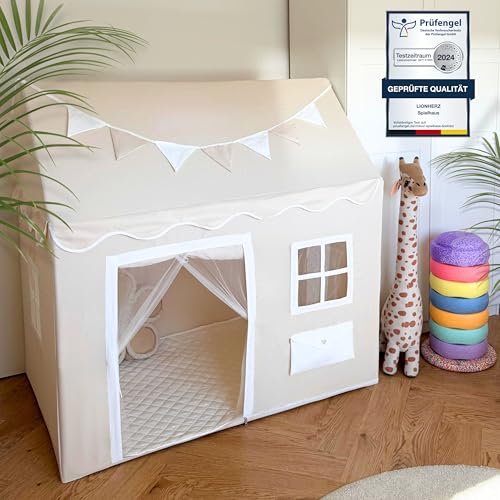 LIONHERZ® Spielhaus mit Briefkasten für Kinder | Spielzelt mit Matte & Wimpelkette | Kinderhaus mit 3 Fenstern [blickdichter Türvorhang] Kinderzelt Indoor Kinderzimmer Mädchen & Jungen (Cremeweiß)