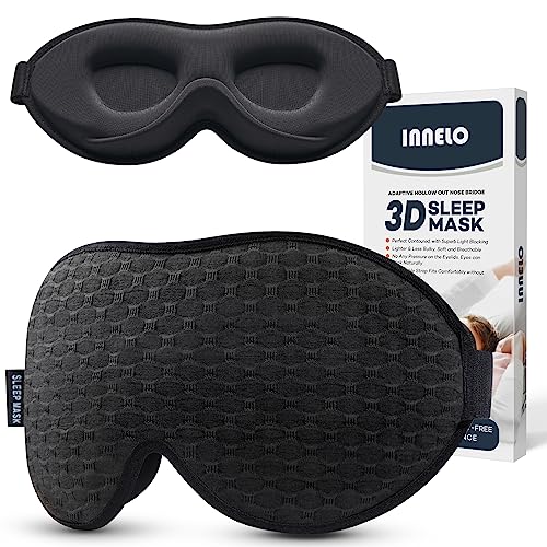 INNELO Schlafmaske für Herren Frauen, 2024 Bequeme Atmungsaktive 3D Augenmaske, mit tiefen Augenhöhlen und erhöhten Nasenpads, 100% Lichtblockierende Schlafbrille mit Memory Foam für Reisen, Schwarz