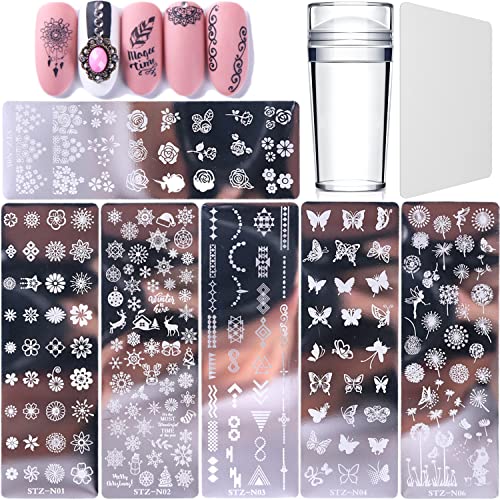 Luvadeyo Nail Art Plates, 6 Stück Nail Stamping , Nagel Schablonen, mit 1 Transparent Stempel, Schaber, Tool für Frauen Mädchen