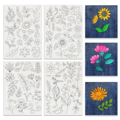 BENECREAT 4 Blätter 74Pcs Pflanze Wasserlösliche Stickmuster, 29.7x21cm Blumen Gräser Stick und Stich Stickerei Papier Stabilizer für Hand Nähen Liebhaber Anfänger